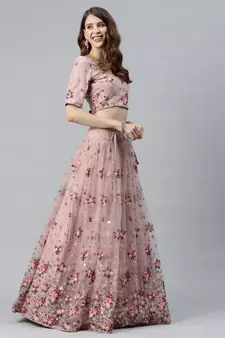 Shubhkala Net Sequin and Thread Embroidered Baby Pink Lehenga Choli
