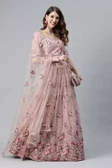 Shubhkala Net Sequin and Thread Embroidered Baby Pink Lehenga Choli
