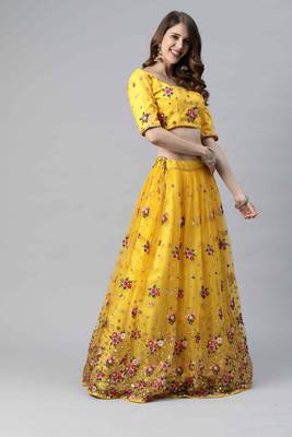 Shubhkala Mesmerizing Yellow Net Embroidered Choli Blouse With Lehenga Ghagra With Dupatta 3