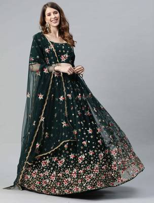 Shubhkala Delightful Green Net Thread And Sequins Embroidered Lehenga Choli With Dupatta 1