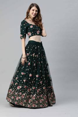 Shubhkala Delightful Green Net Thread And Sequins Embroidered Lehenga Choli With Dupatta 3