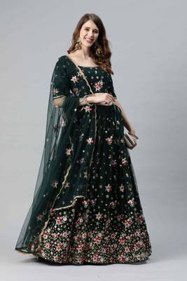 Shubhkala Delightful Green Net Thread And Sequins Embroidered Lehenga Choli With Dupatta 4