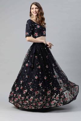 Shubhkala Glamorous Navy Blue Embroidered Net Party Wear Lehenga Choli 3