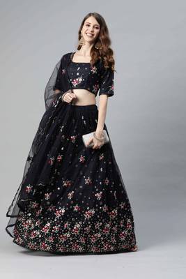 Shubhkala Glamorous Navy Blue Embroidered Net Party Wear Lehenga Choli 4
