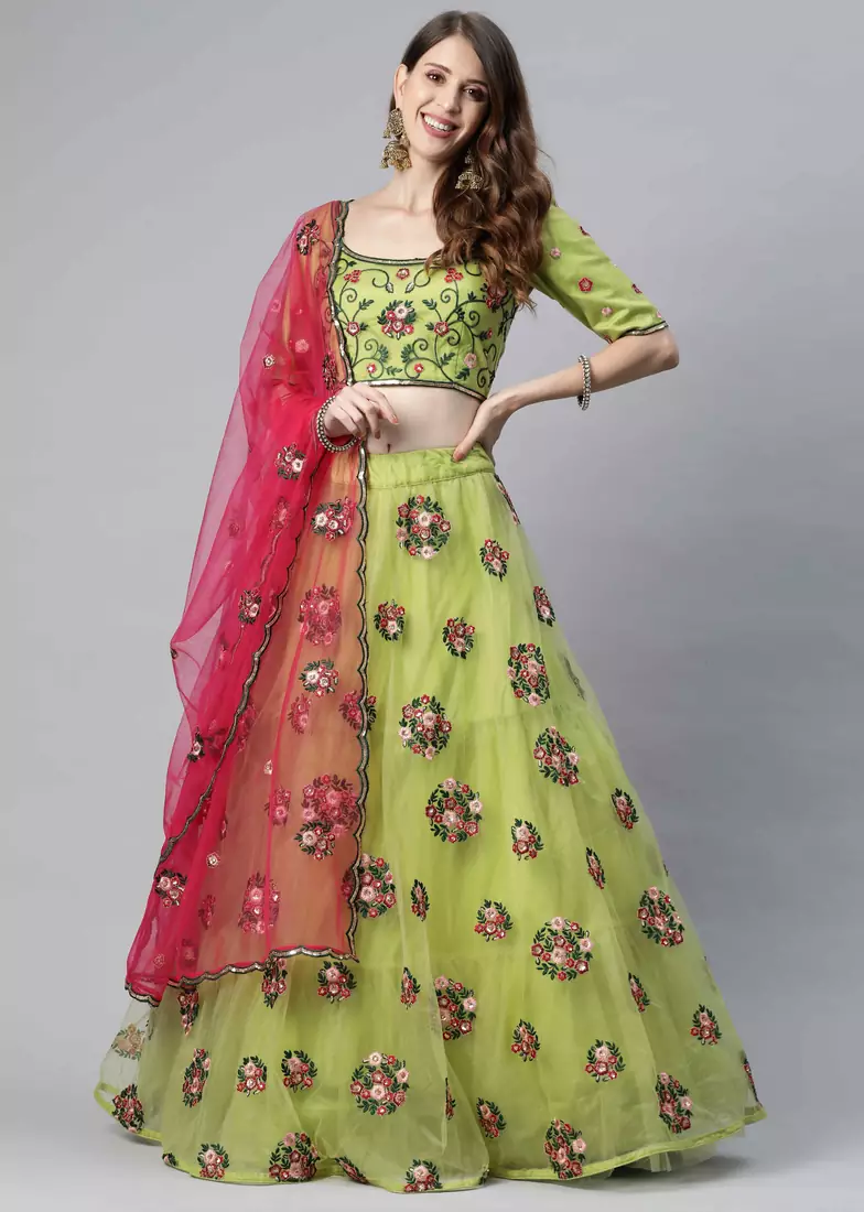 SHUBHKALA green net embroidered   Choli Blouse with   Lehenga Ghagra with    Dupatta