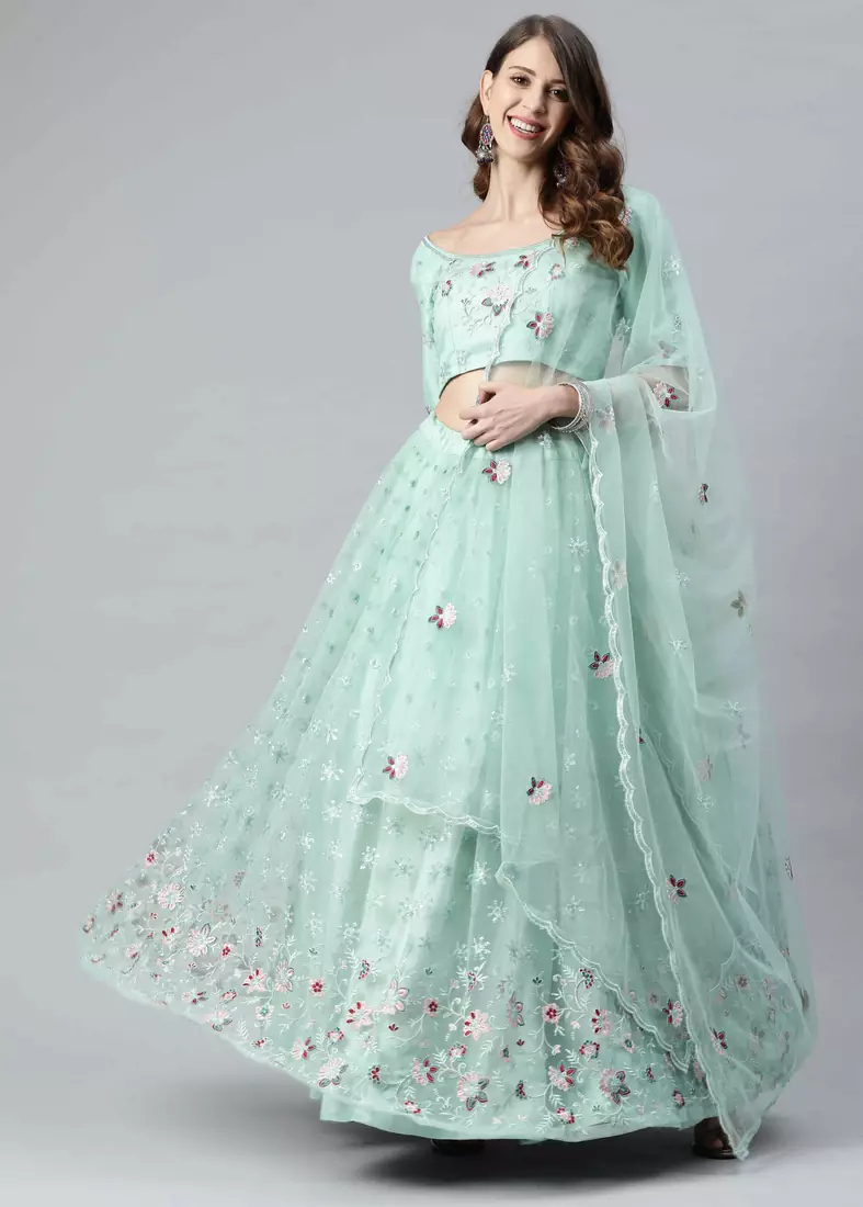 SHUBHKALA teal-green net embroidered   Choli Blouse with   Lehenga Ghagra with    Dupatta