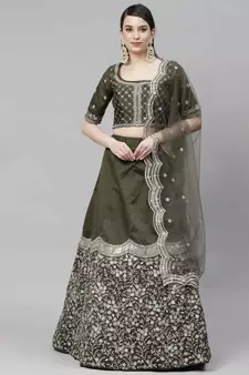 SHUBHKALA olive art_silk embroidered   Choli Blouse with   Lehenga Ghagra with    Dupatta