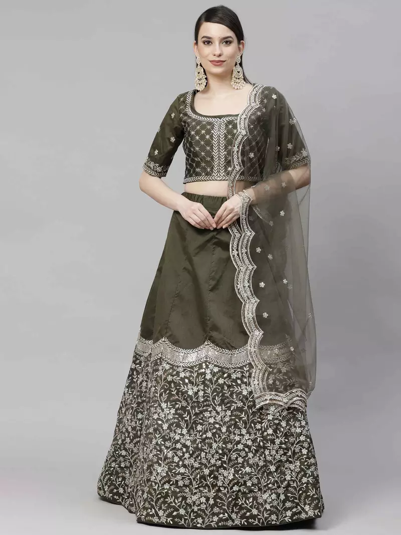 SHUBHKALA olive art_silk embroidered   Choli Blouse with   Lehenga Ghagra with    Dupatta