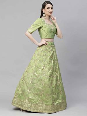 Shubhkala Intriguing Fluorescent Green Thread And Sequins Embroidered Art Silk Party Wear Lehenga Choli 4