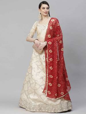 Shubhkala Appetizing Beige Thread With Sequins Embroidered Art Silk Wedding Lehenga Choli 2