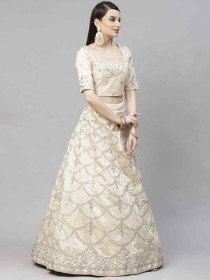 Shubhkala Appetizing Beige Thread With Sequins Embroidered Art Silk Wedding Lehenga Choli 4