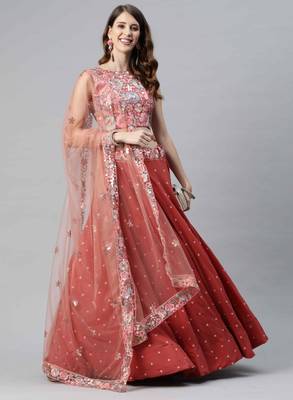 Shubhkala Gorgeous Orange Thread And Sequins Embroidered Georgette Semi Stitched Party Wear Lehenga 1