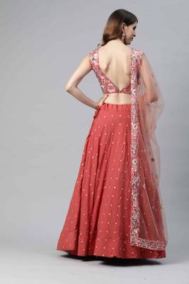 Shubhkala Gorgeous Orange Thread And Sequins Embroidered Georgette Semi Stitched Party Wear Lehenga 2