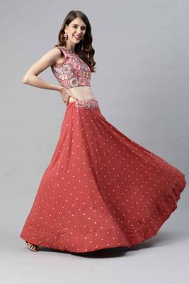 Shubhkala Gorgeous Orange Thread And Sequins Embroidered Georgette Semi Stitched Party Wear Lehenga 3