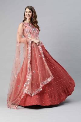 Shubhkala Gorgeous Orange Thread And Sequins Embroidered Georgette Semi Stitched Party Wear Lehenga 4