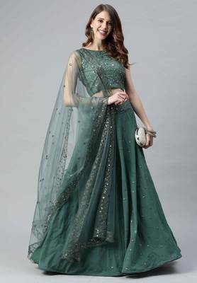 Shubhkala Charming Teal Green Thread And Sequins Embroidered Georgette Semi Stitched Party Wear Lehenga 1