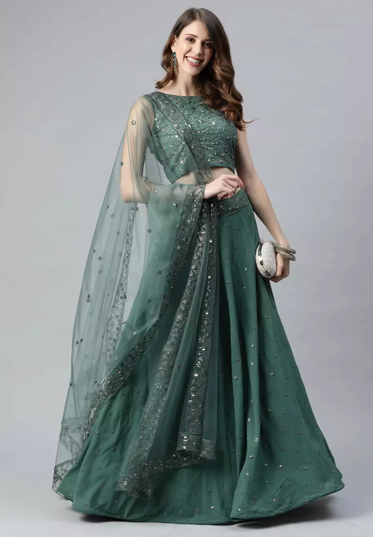 SHUBHKALA teal-green georgette embroidered   Choli Blouse with   Lehenga Ghagra with    Dupatta