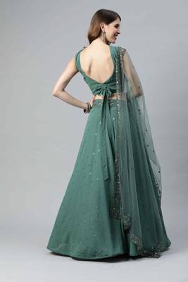 Shubhkala Charming Teal Green Thread And Sequins Embroidered Georgette Semi Stitched Party Wear Lehenga 2