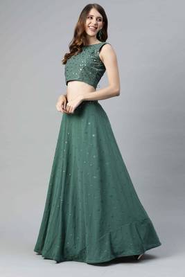 Shubhkala Charming Teal Green Thread And Sequins Embroidered Georgette Semi Stitched Party Wear Lehenga 3