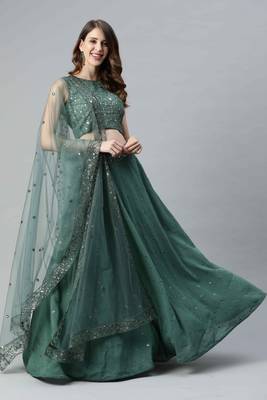 Shubhkala Charming Teal Green Thread And Sequins Embroidered Georgette Semi Stitched Party Wear Lehenga 4