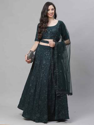 Shubhkala Charming Green Thread And Sequins Embroidered Georgette Semi Stitched Lehenga Choli With Dupatta 1