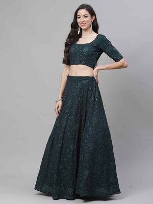 Shubhkala Charming Green Thread And Sequins Embroidered Georgette Semi Stitched Lehenga Choli With Dupatta 3