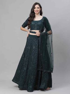 Shubhkala Charming Green Thread And Sequins Embroidered Georgette Semi Stitched Lehenga Choli With Dupatta 5