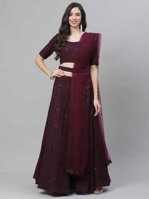 Shubhkala Eye Catching Purple Thread And Sequins Embroidered Georgette Wedding Lehenga 1