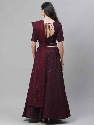Shubhkala Eye Catching Purple Thread And Sequins Embroidered Georgette Wedding Lehenga 2