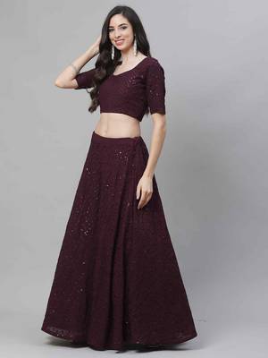 Shubhkala Eye Catching Purple Thread And Sequins Embroidered Georgette Wedding Lehenga 3