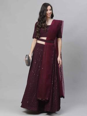 Shubhkala Eye Catching Purple Thread And Sequins Embroidered Georgette Wedding Lehenga 5