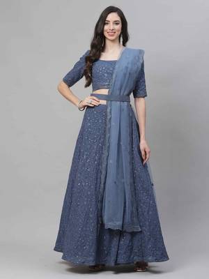 Shubhkala Irresistible Grey Thread And Sequins Embroidered Georgette Semi Stitched Bridal Lehenga 1