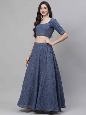 Shubhkala Irresistible Grey Thread And Sequins Embroidered Georgette Semi Stitched Bridal Lehenga 3