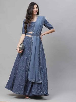 Shubhkala Irresistible Grey Thread And Sequins Embroidered Georgette Semi Stitched Bridal Lehenga 5