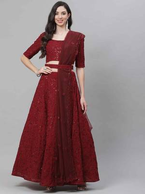 Shubhkala Seductive Maroon Thread And Sequins Embroidered Georgette Party Wear Lehenga 1