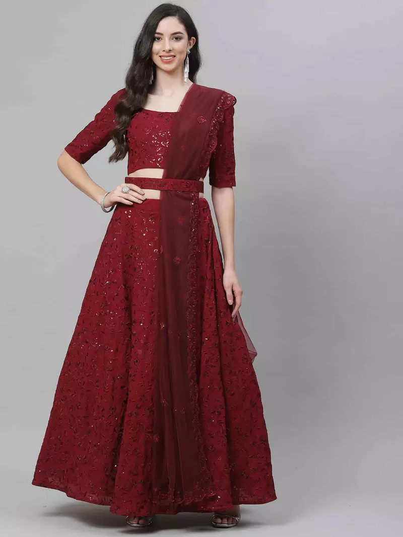 SHUBHKALA maroon georgette embroidered   Choli Blouse with   Lehenga Ghagra with    Dupatta