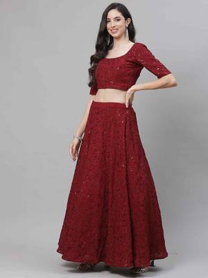 Shubhkala Seductive Maroon Thread And Sequins Embroidered Georgette Party Wear Lehenga 3