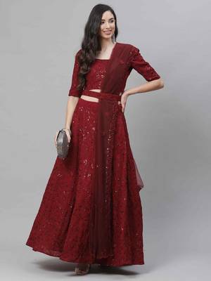 Shubhkala Seductive Maroon Thread And Sequins Embroidered Georgette Party Wear Lehenga 4