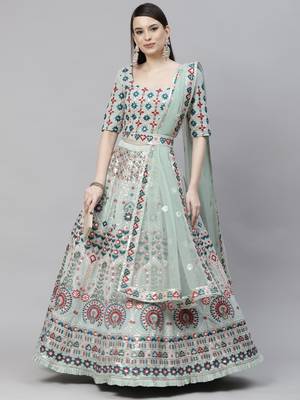 Shubhkala Pista Green Multi Thread And Sequince With Embroidered Georgette Semi Stitched Party Wear Lehenga Choli 1