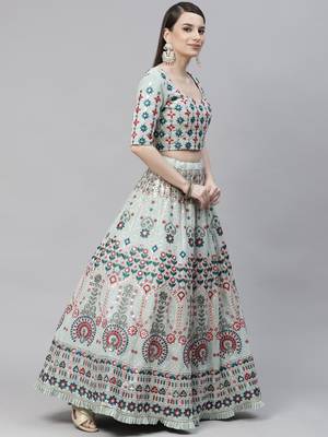 Shubhkala Pista Green Multi Thread And Sequince With Embroidered Georgette Semi Stitched Party Wear Lehenga Choli 3