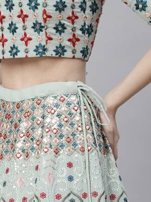 Shubhkala Pista Green Multi Thread And Sequince With Embroidered Georgette Semi Stitched Party Wear Lehenga Choli 4
