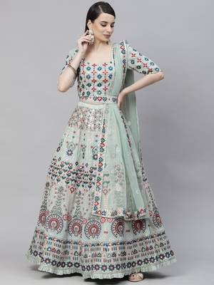 Shubhkala Pista Green Multi Thread And Sequince With Embroidered Georgette Semi Stitched Party Wear Lehenga Choli 5