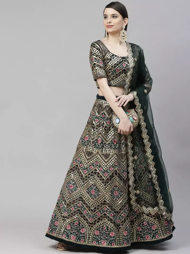 SHUBHKALA dark-green georgette embroidered   Choli Blouse with   Lehenga Ghagra with    Dupatta