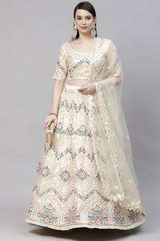 Shubhkala Beige Multi Thread, Sequins & Embroidered With All Over Diamond Pasting Georgette Bridal Lehenga Choli