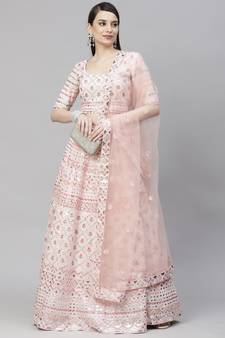 Shubhkala Light Pink Multi Thread With Gota Patti Embroidered Georgette Semi Stitched Lehenga