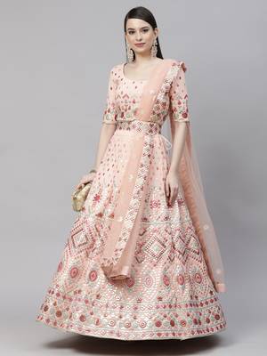 Shubhkala Peach Multi Thread With Gota Patti Embroidered Georgette Semi Stitched Lehenga 1
