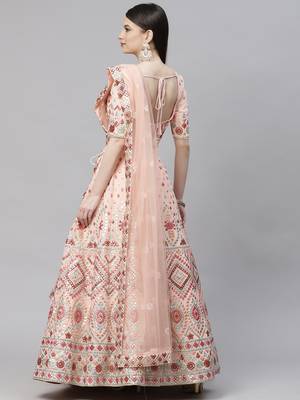 Shubhkala Peach Multi Thread With Gota Patti Embroidered Georgette Semi Stitched Lehenga 2