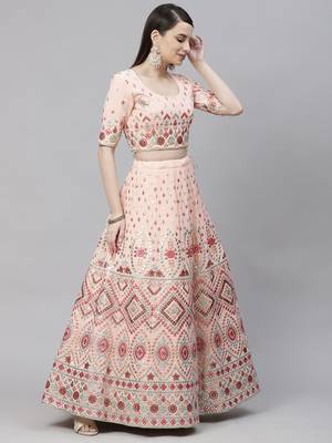 Shubhkala Peach Multi Thread With Gota Patti Embroidered Georgette Semi Stitched Lehenga 3