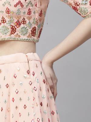 Shubhkala Peach Multi Thread With Gota Patti Embroidered Georgette Semi Stitched Lehenga 4