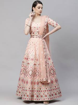 Shubhkala Peach Multi Thread With Gota Patti Embroidered Georgette Semi Stitched Lehenga 5